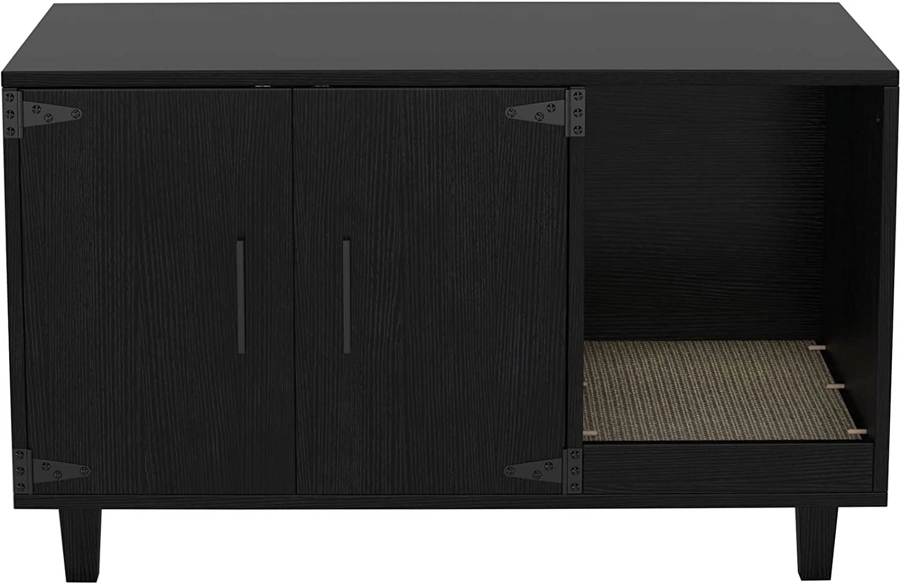 Modern Wood Pet Crate: Cat Washroom Hidden Litter Box Enclosure Furniture House, Nightstand with Scratch Pad, Stackable (Black)