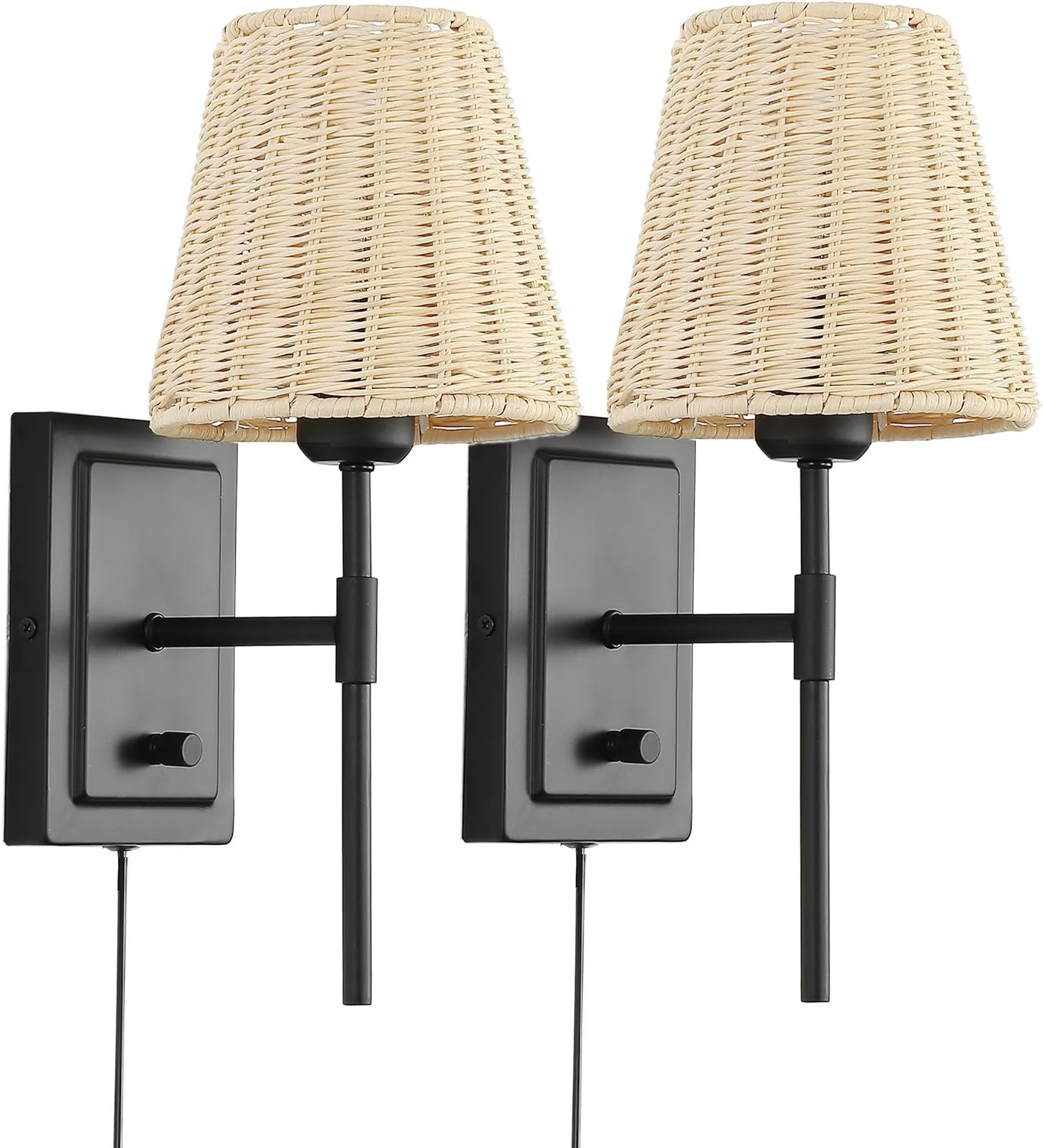 GOURE Wall Sconce Rattan Wrapped Wall Lamp Set of 2, Wall Light Fixture Vintage Bedside Light Wicker Handmade Shade Brass Reading Light Plug in or Hardwire Black