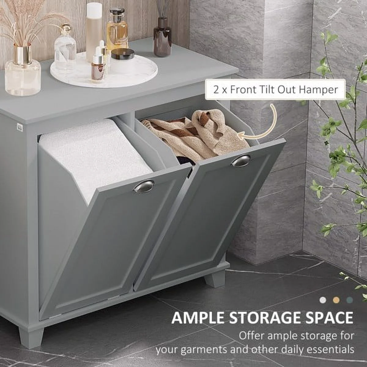 Fithood Tilt-Out Laundry Sorter Cabinet, Bathroom Storage Organizer Grey-AS