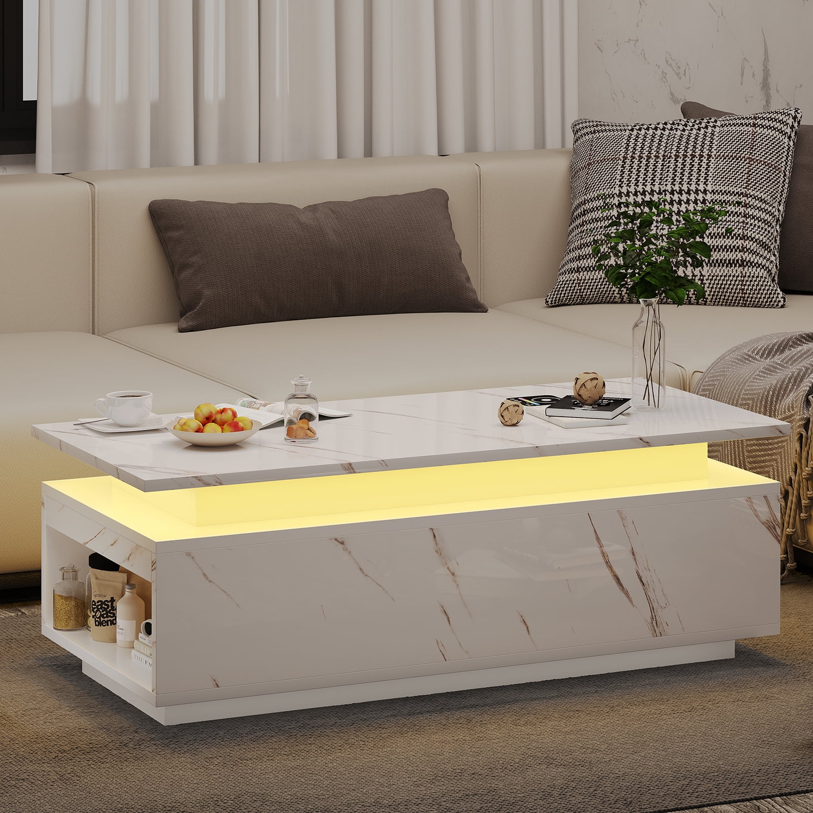 Buenhomino White LED Coffee Table for Living Room, Modern High Glossy Center Table with Wireless Charging and Bluetooth Speaker, Smart Cocktail Table Rectangle, Sofa Side Tea Tables with LED Lights