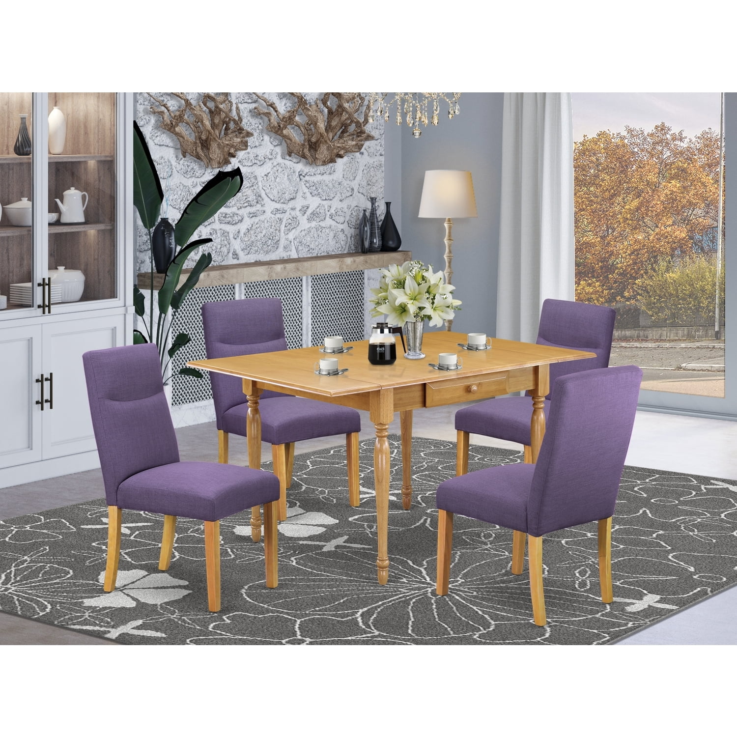 HomeStock Neo-Classical Nostalgia 5Pc Kitchen Table Set Offers A Small Kitchen Table And 4 Parsons Dining Chairs With Dahlia Color Linen Fabric, Drop Leaf Table With Full Back Chairs, Oak Finish
