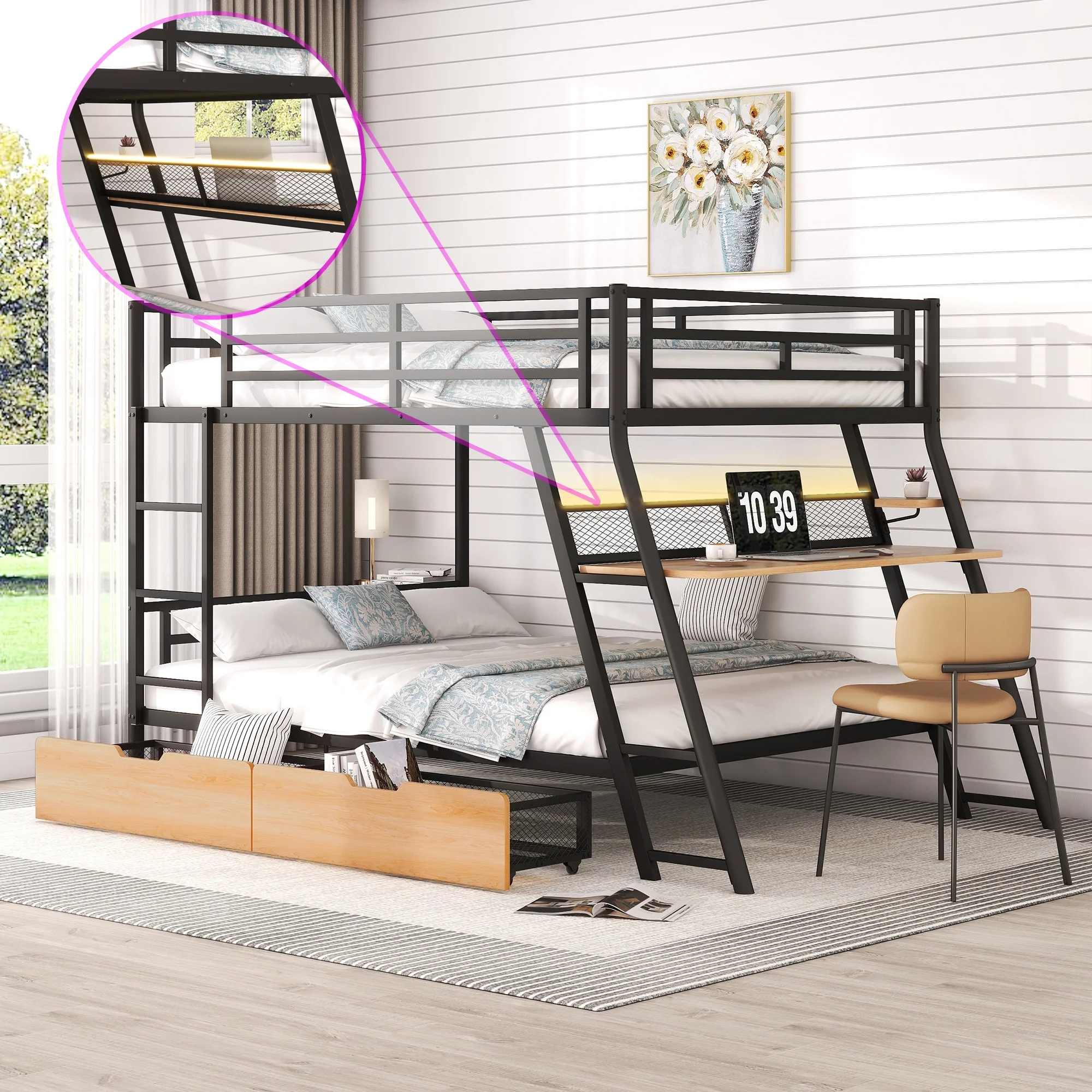 Euroco Metal Full over Full Bunk Bed with Desk and Drawers, LED Light Strip and Cabinet for Kids Room, Black