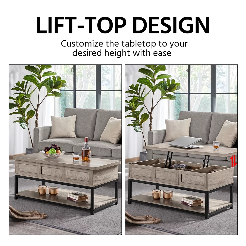Topeakmart Wooden Lift Top Coffee Table with Hidden Compartments, Classic Gray