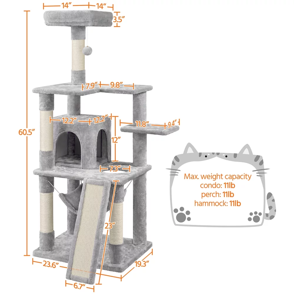 Topeakmart 60.5-in Multilevel Cat Tree Condo Scratching Posts with Hammock Top Perch, Light Gray