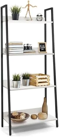 WTYNKAE 5 Tier Ladder Bookshelf  24 Inch Width Free Standing   Bookcase   Rack Organizer  Industrial Book Shelves for Home Office  Living Room  Kitchen  White Shelves & Gold Frame
