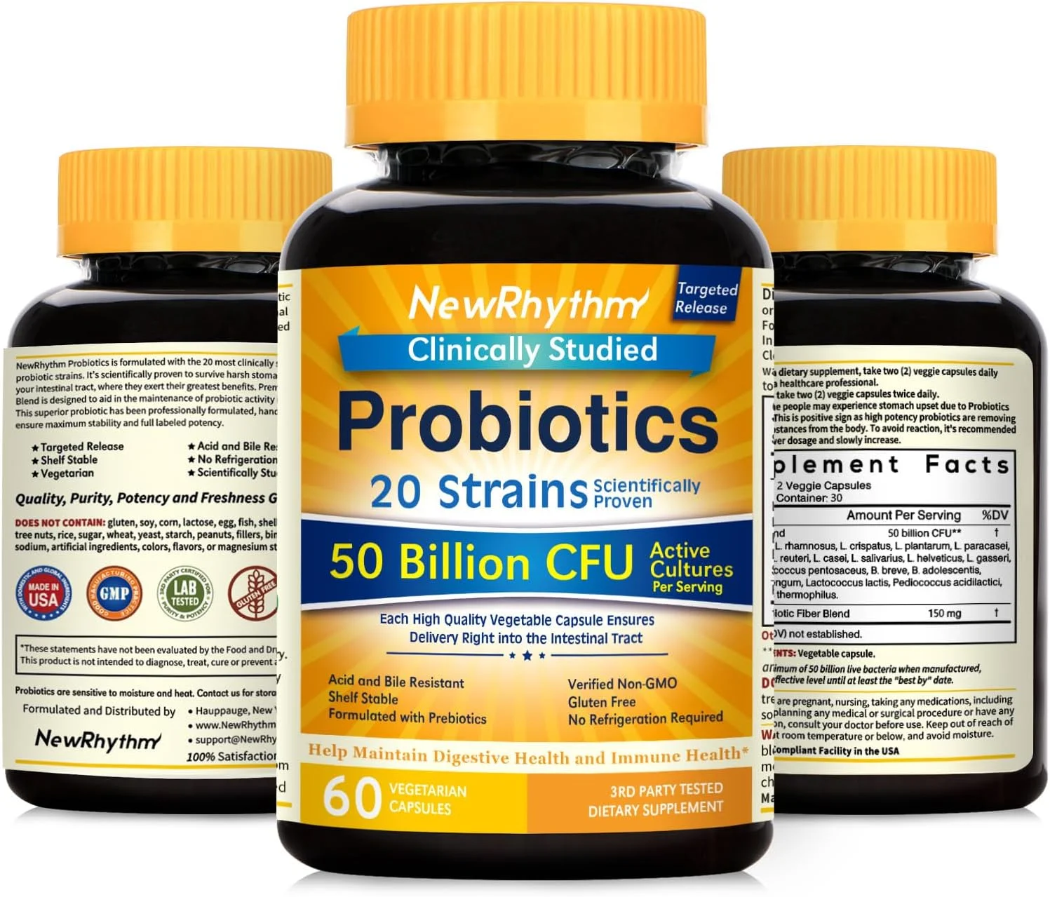 NewRhythm Probiotics 50 Billion CFU 20 Strains, 60 Veggie Capsules, Targeted Release Technology, Stomach Acid Resistant, No Need for Refrigeration, Non-GMO, Gluten Free