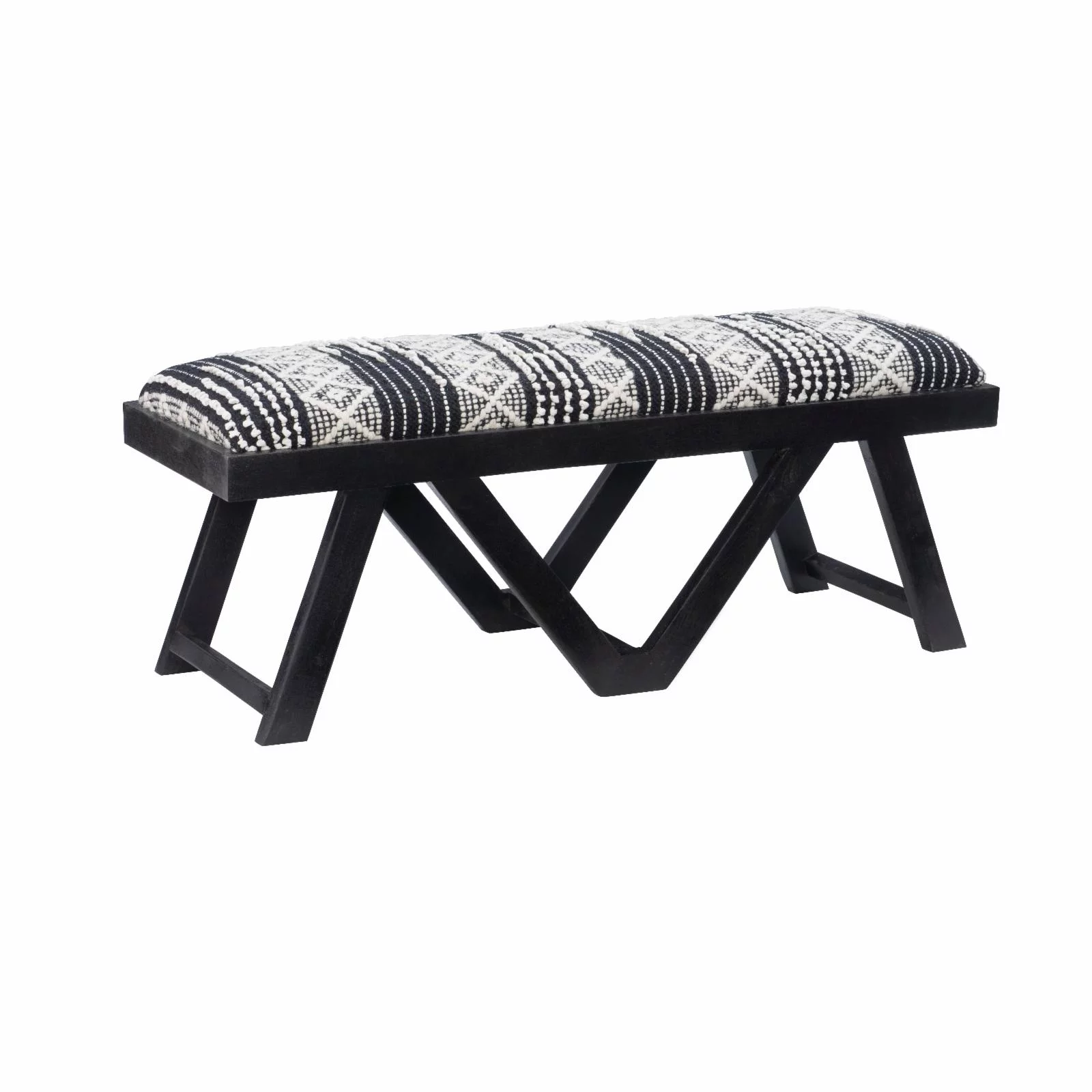 Powell Byan Bench - Black with Black and White Handwoven Geomatric Pattern Fabric