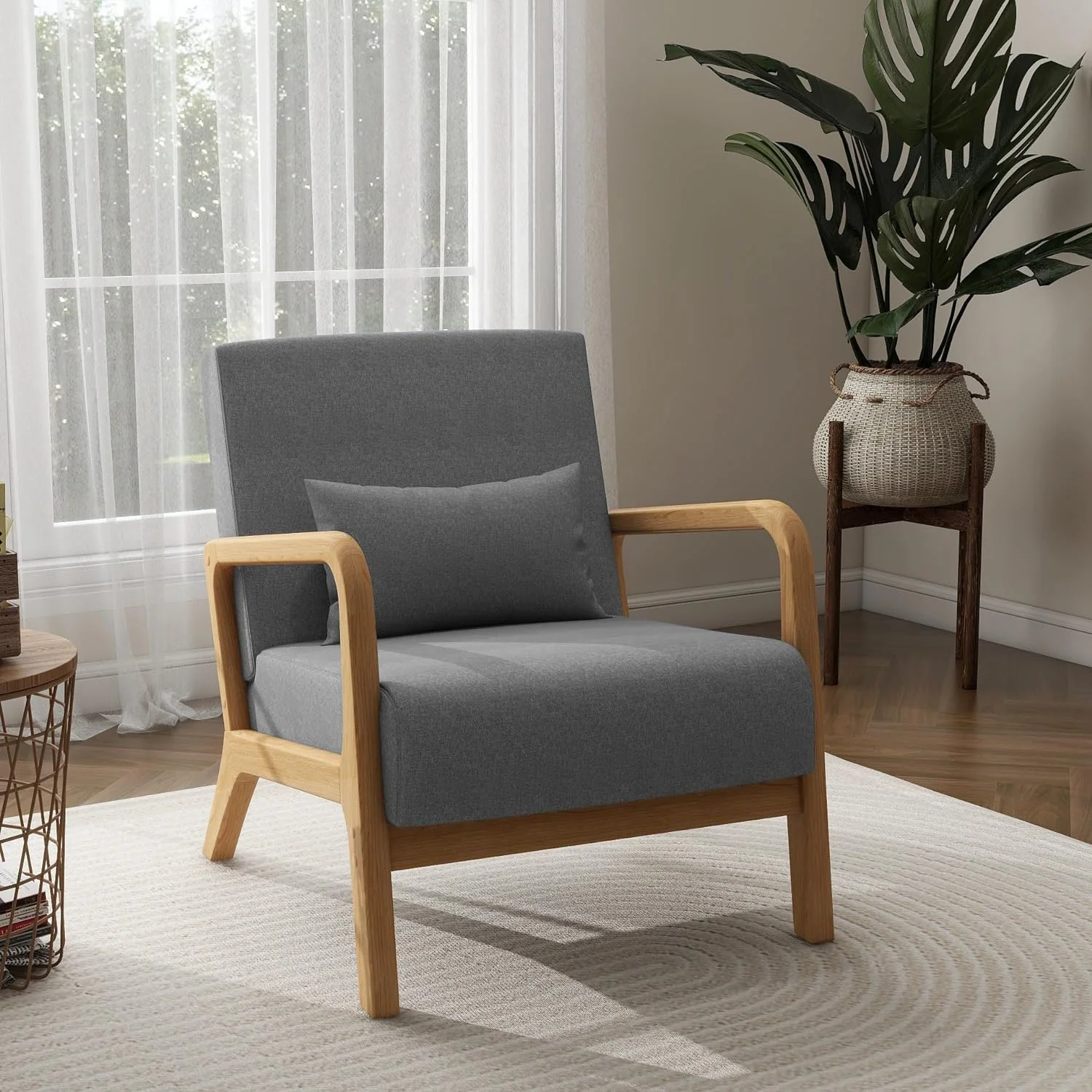 MQLIFEBOOM Modern Accent Chair Mid Century Living Room Arm Chairs  Comfy Upholstered Armchair Solid Wood Single Sofa Lounge Reading Seat Bedroom Side Seating with Lumbar Pillow  Grey