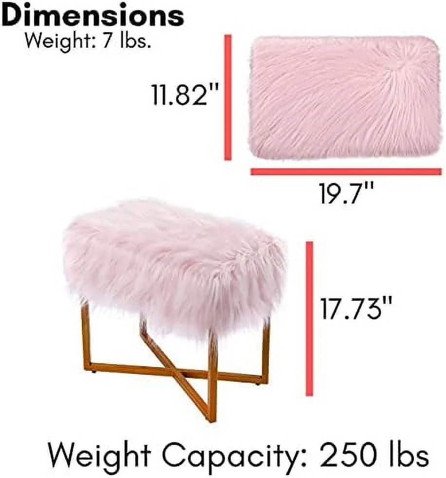CGFHYP Rectangular White Faux Fur Foot Stool Ottoman with Gold Legs - Vanity Chair - Soft Compact Padded Seat - Bedroom and  Room Chair - Metal - Fluffy  Seat
