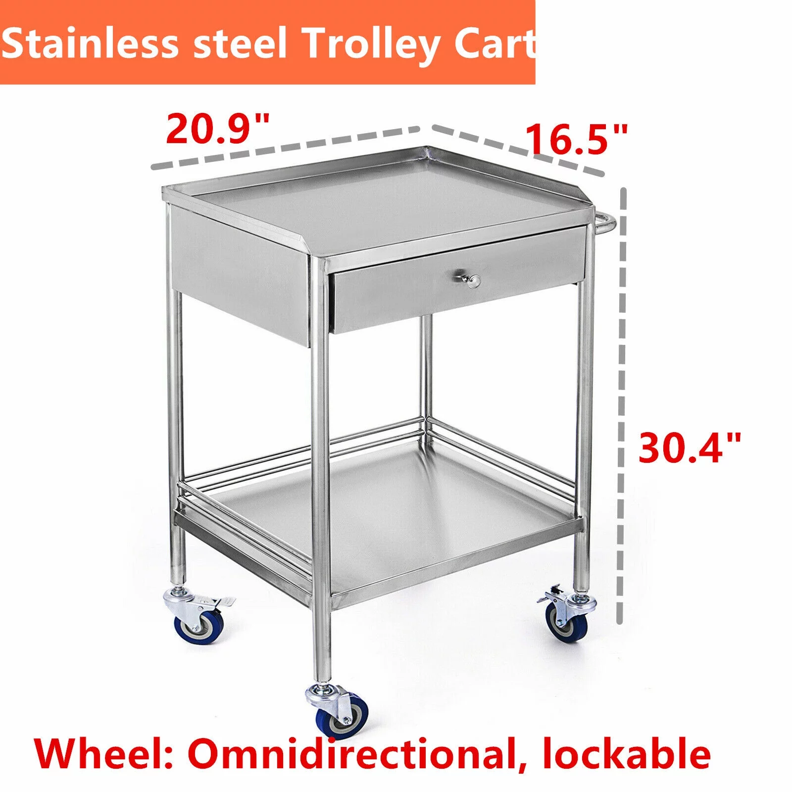 Miumaeov 2 Layer Medical Hospital Lab Emergency Rolling Trolley Single Drawer Mobile Stainless Steel Serving Cart Stand with Wheels
