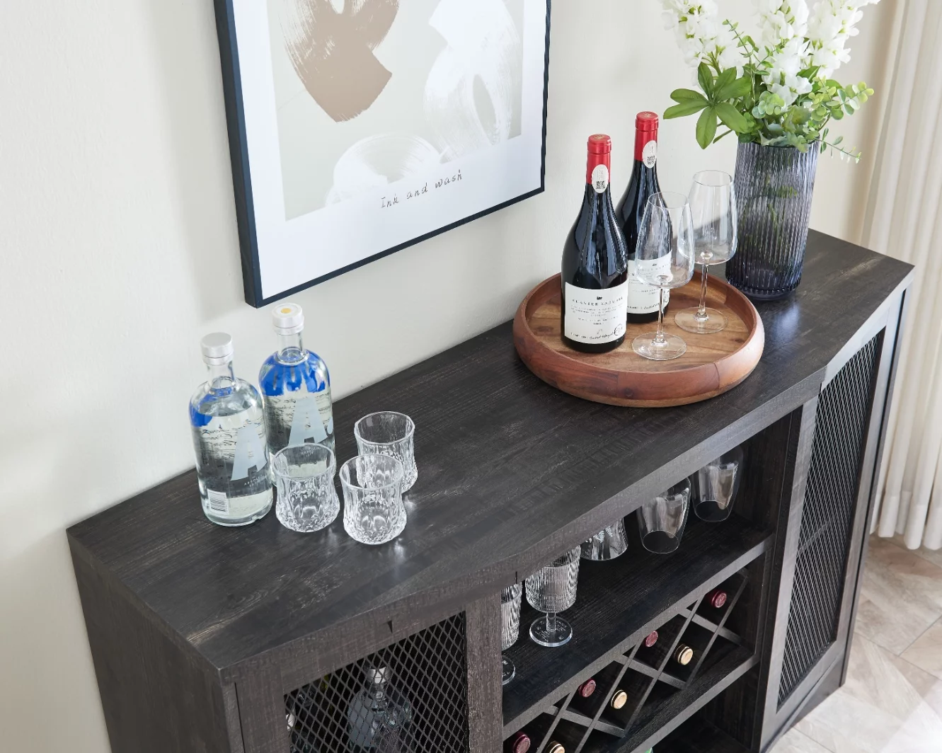 Gramercy Way Charcoal Bar Cabinet with Two Wire Mesh Doors