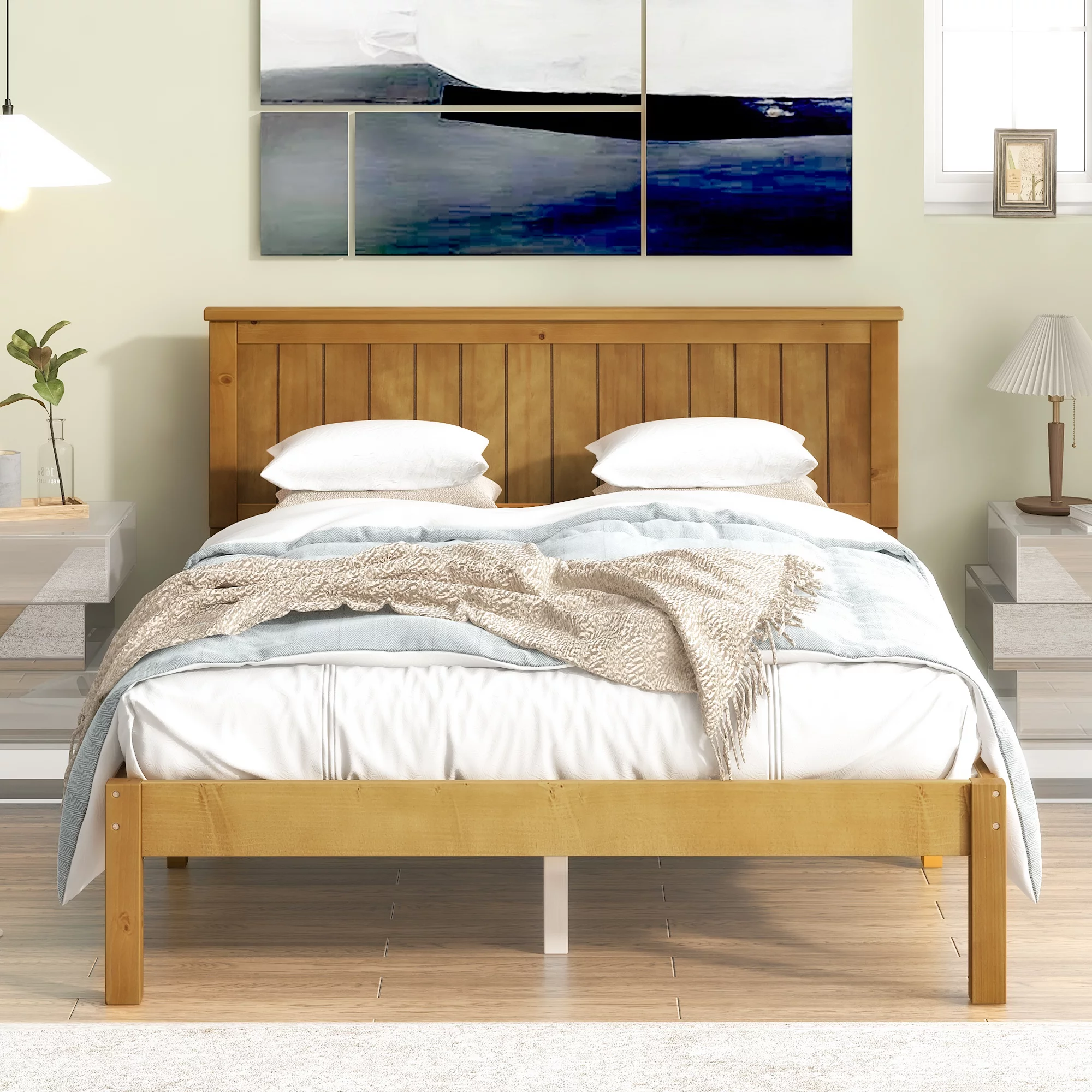 Solid Wood Platform Bed with Wooden Slats, Platform Bed with Headboard, No Box Spring Needed, Easy Assembly(Brown)