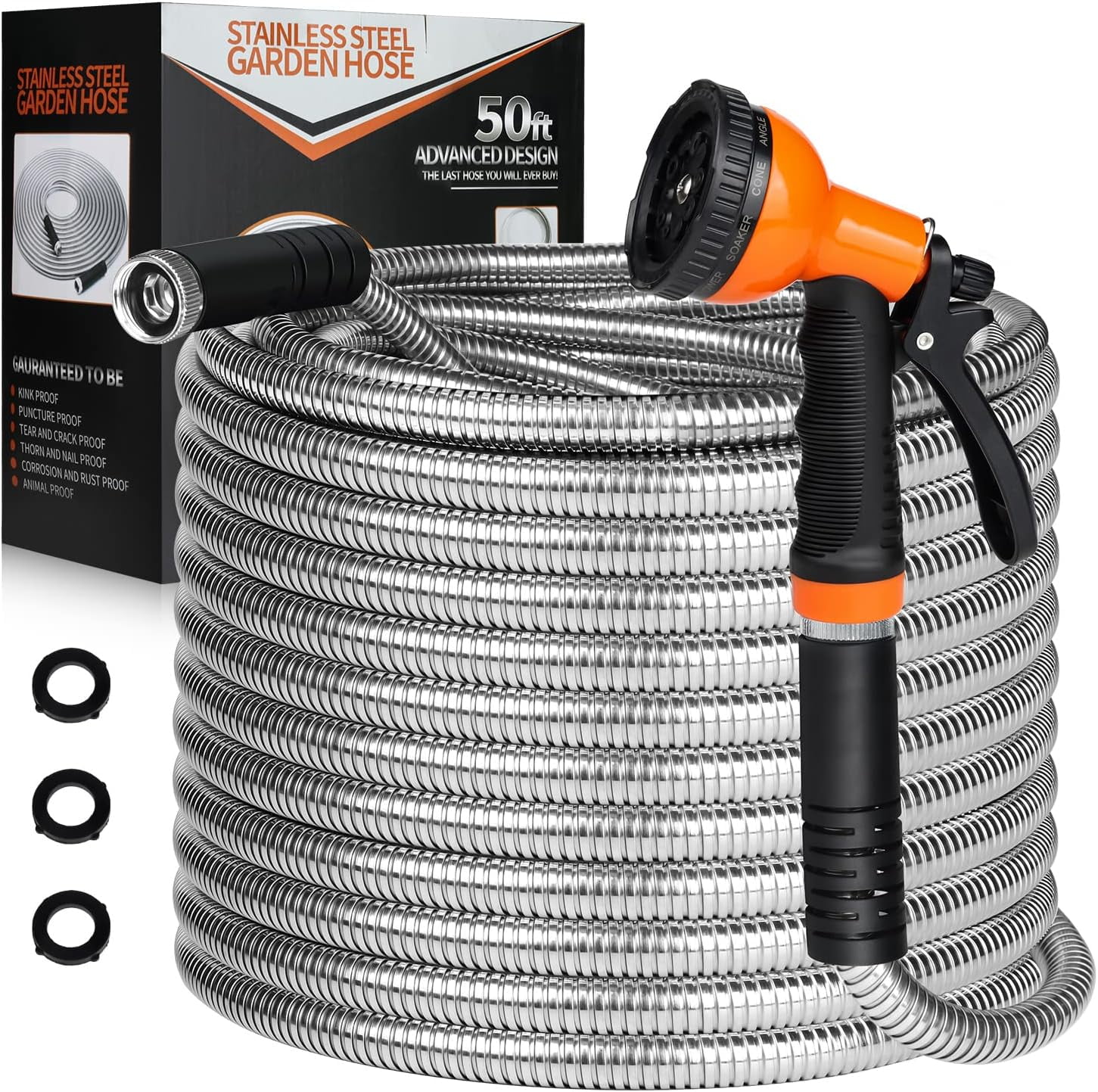 Garden Hose 50 FT - Flexible Metal Hose with 10 Function Nozzle, Kink Free, Lightweight, Durable, Crush Resistant Fitting, Easy to Coil, Puncture Proof Hose for Yard, Rv, 600 PSI - 2024 Model