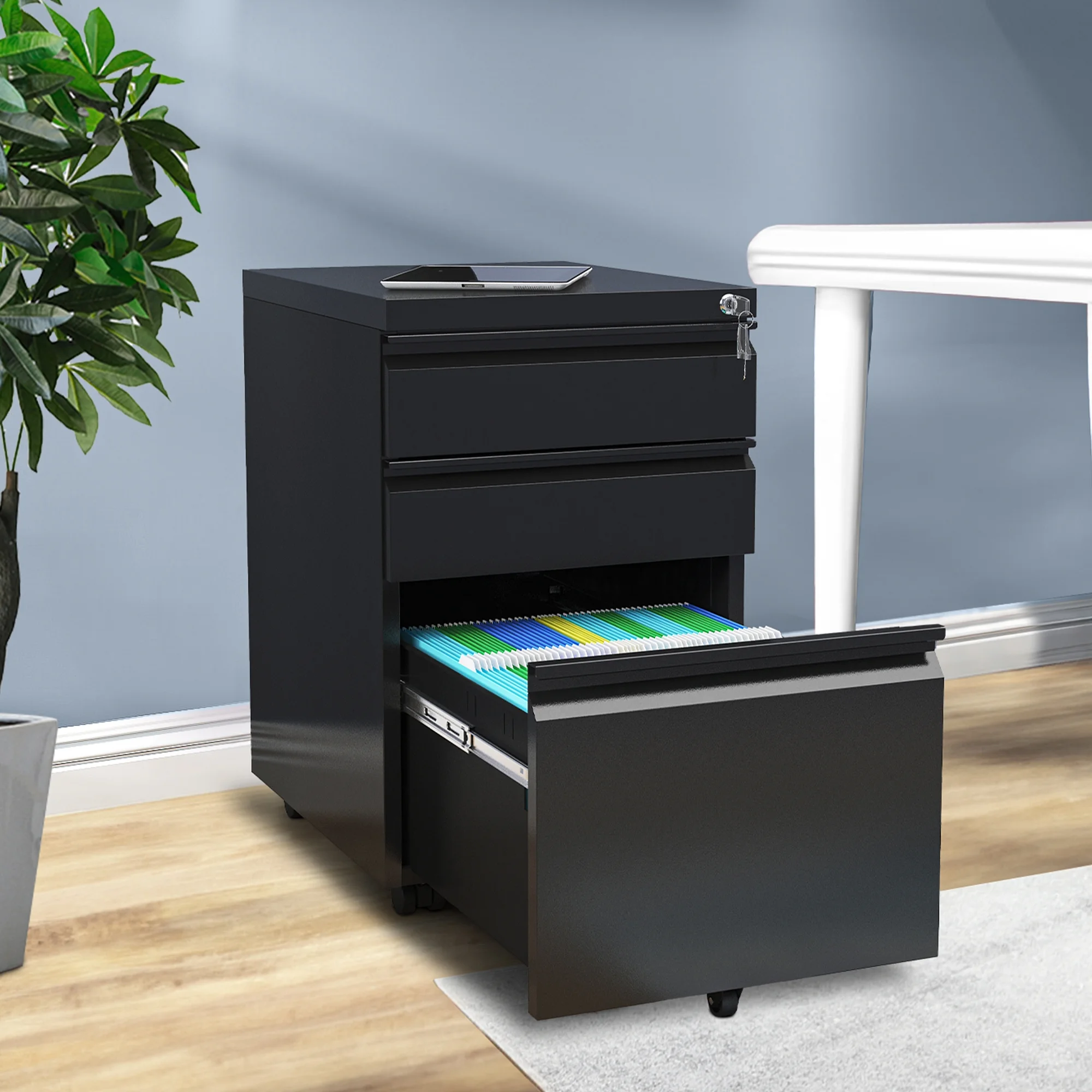 Dextrus Fully Assembled 3-Drawer Lockable File Cabinet for Letter/Legal/A4 Size, Mobile Filing Cabinet with Wheels, Black