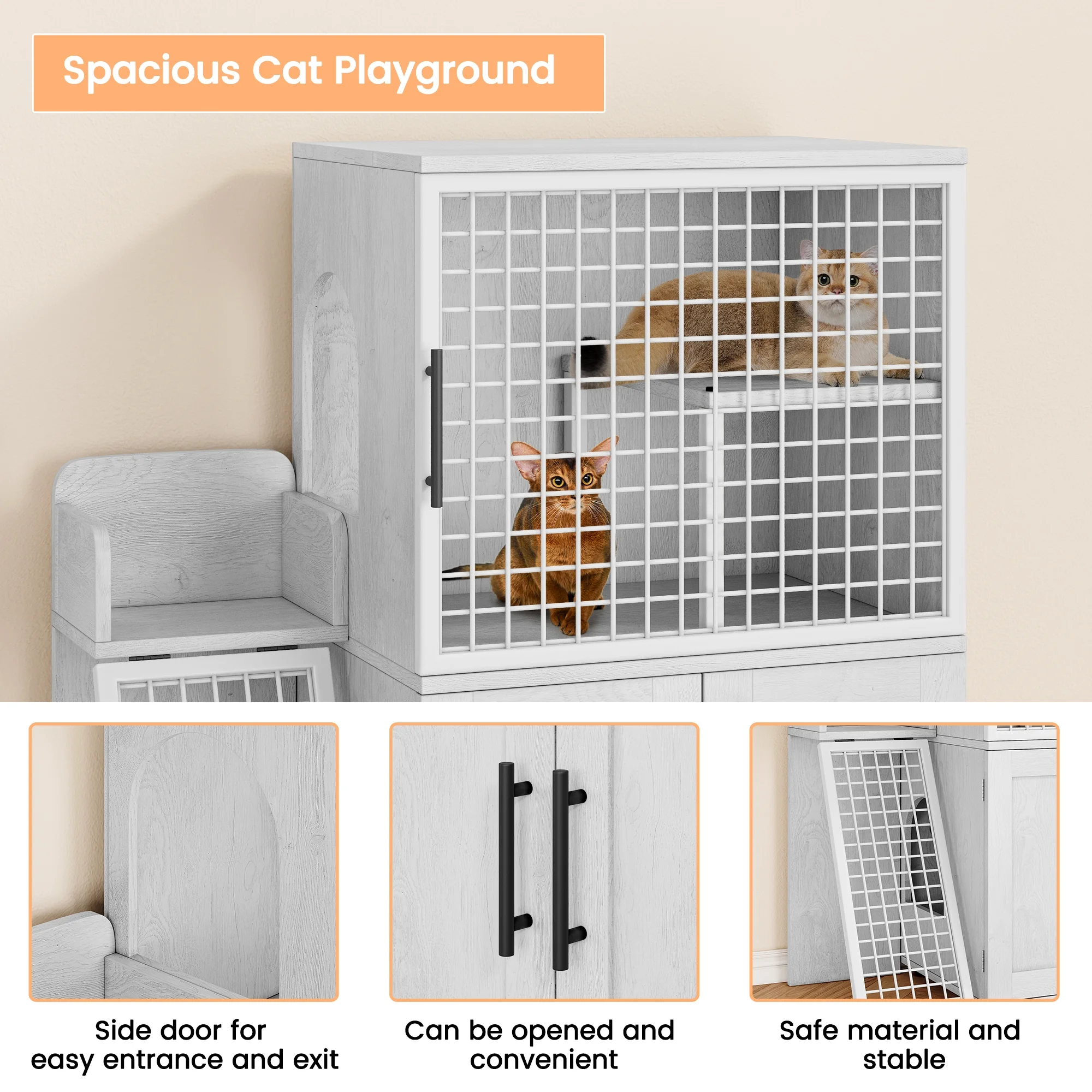Towallmark 2 In 1 Hidden Litter Box Enclosure Furniture, 2 Storage Racks And 2 Drawers, Litter Box With Platform, Ladder, Indoor Cat Washroom, Rustic White
