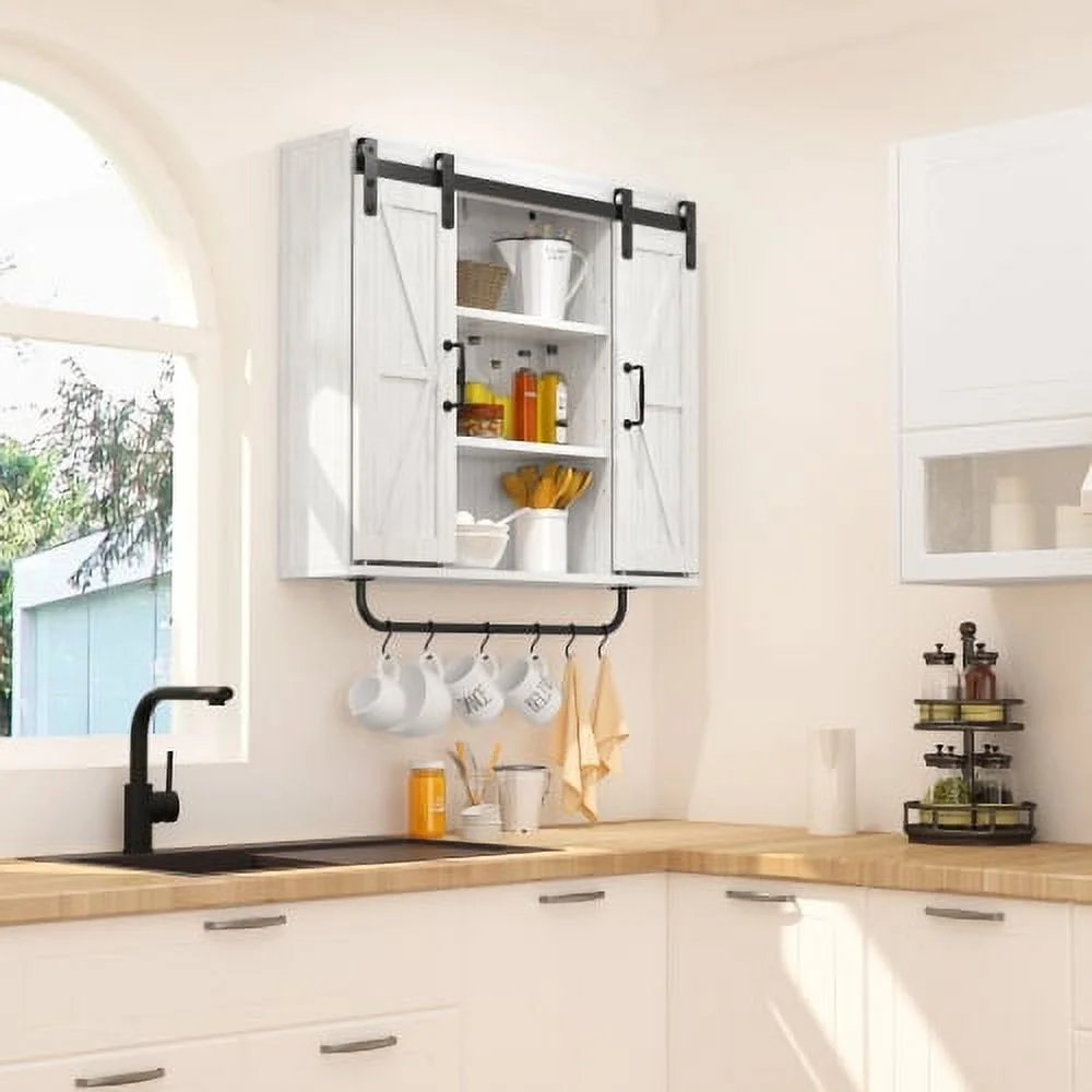 Rustic Wood Wall Storage Cabinet with Two Sliding Barn Door, 3-Tier Decorative Farmhouse Vintage Cabinet for Kitchen Dining, Bathroom, Living Room, Vintage White