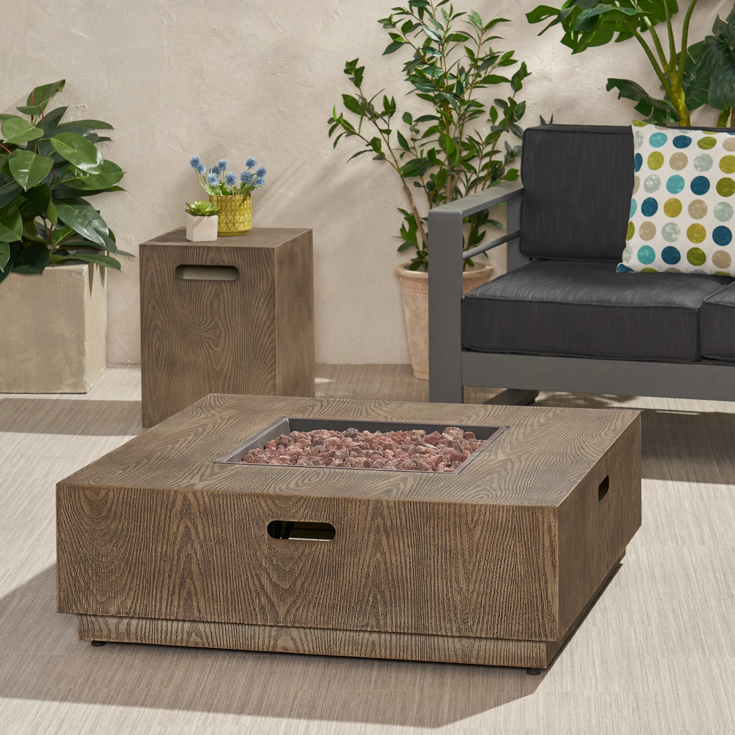 Noble House Wellington Square Outdoor Metal Fire Pit with Tank Holder in Brown