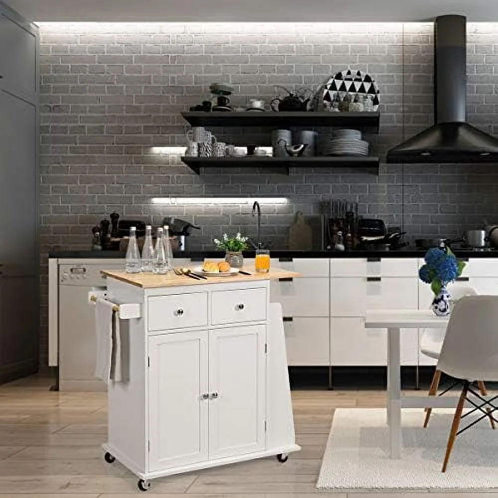 CHGTYS Kitchen Island Cart  Rolling Wood Trolley with  Cabinet  Towel Handle  2 Drawers  Side Spice Rack and Wine Bottle Rack  Kitchen Cart on Wheels  Rubber Wood Countertop (Black)