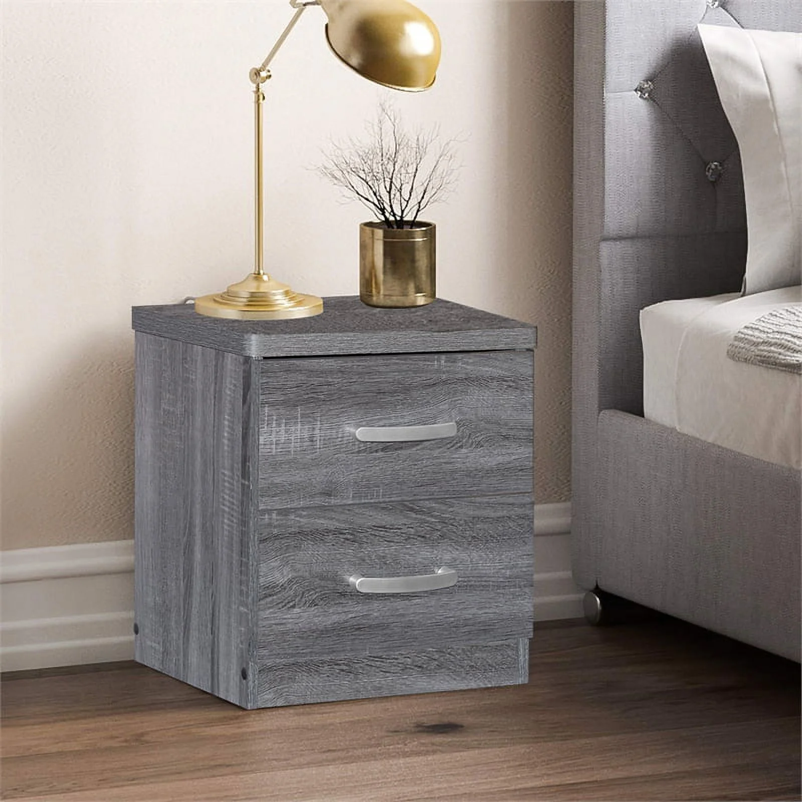 Home Square Faux Wood 2 Drawer Nightstand in Gray Finish - Set of 2