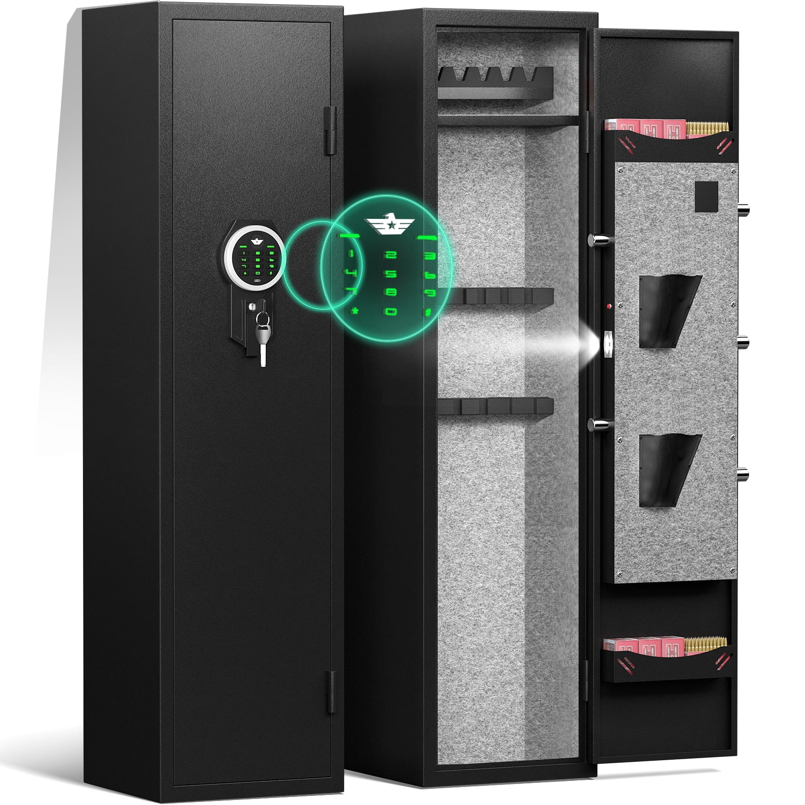 Kavey [2024 NEW] 5-6 Gun Safe, Digital Keypad Large Long Gun Safe for Shotguns, Quick Access Gun Cabinets with LED Light, Gun Safe with Adjustable Gun Rack and Removable Shelf