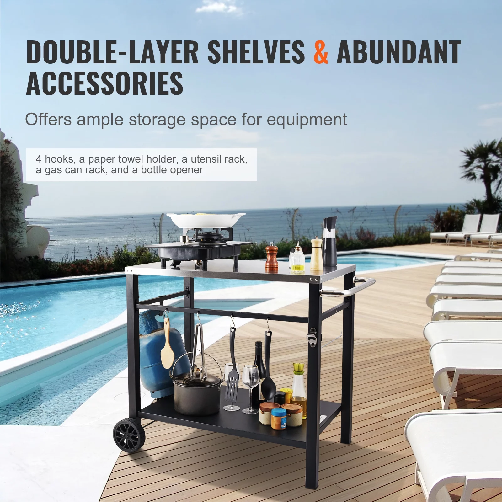 SKYSHALO Double-Shelf BBQ Outdoor Grill Dining Cart Movable Food Prep Trolley Patio