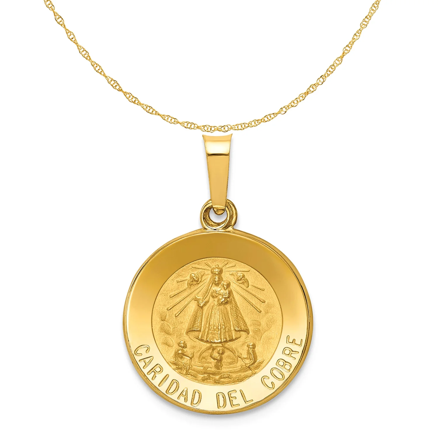 Carat in Karats 14K Yellow Gold Polished And Satin Caridad Del Cobre Medal Hollow Pendant Charm (22mm x 15mm) With 10K Yellow Gold Lightweight Rope Chain Necklace 20''