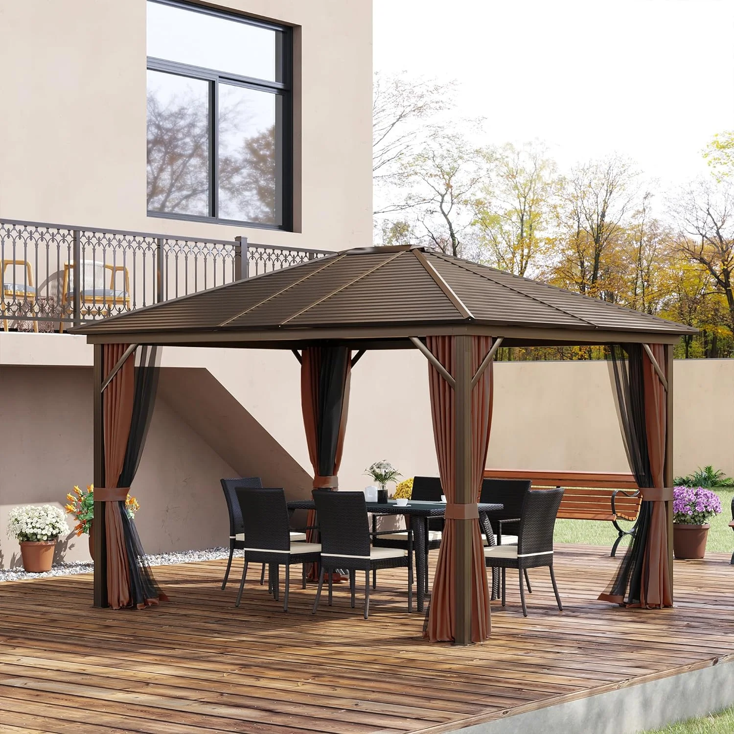 Outdoor 10'X12' Gazebo With Hardtop Roof - Brown