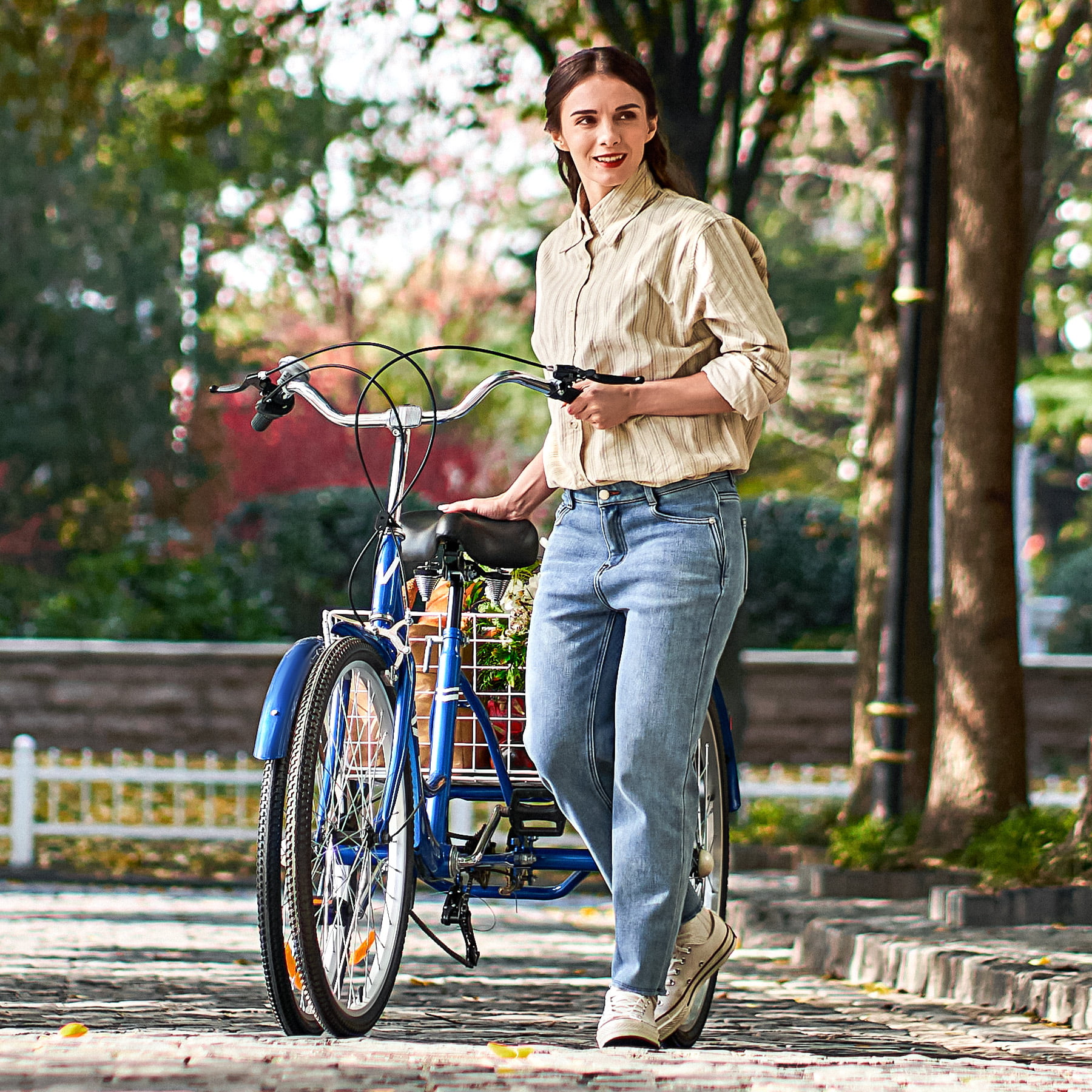 Viribus 24 Inch Adult Tricycle 7 Speed 3 Wheel Cruiser Bike Trike w Rear Basket, Blue