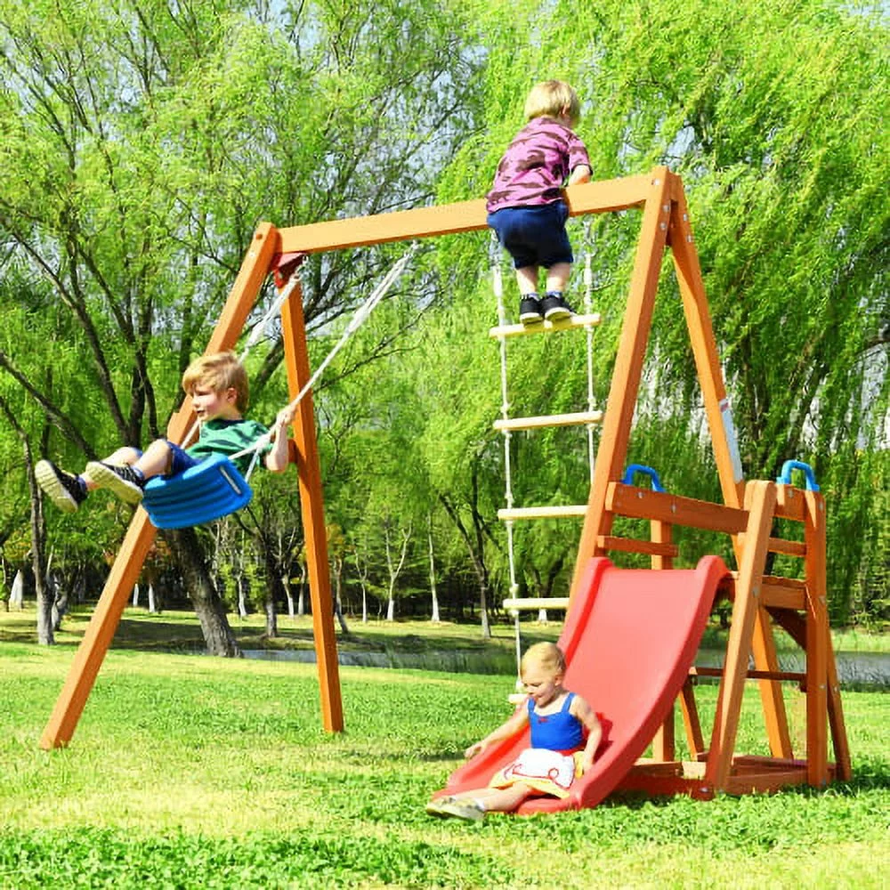 Adrinfly Wooden Swing Set with Slide, Outdoor Playset Backyard Activity Playground Climb Swing Outdoor Play Structure for Toddlers, Ready to Assemble Wooden Swing-N-Slide Set Kids Climbers