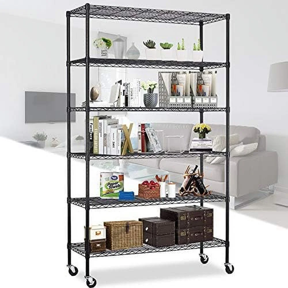 TQNJYGX Shelves 6 Tier Wire Shelving Unit with Wheels Heavy Duty Metal  Garage Rack Adjustable Steel Wire  Utility  Rack with Casters  NSF-Certified (48 x 18 x 82 inches  Black)