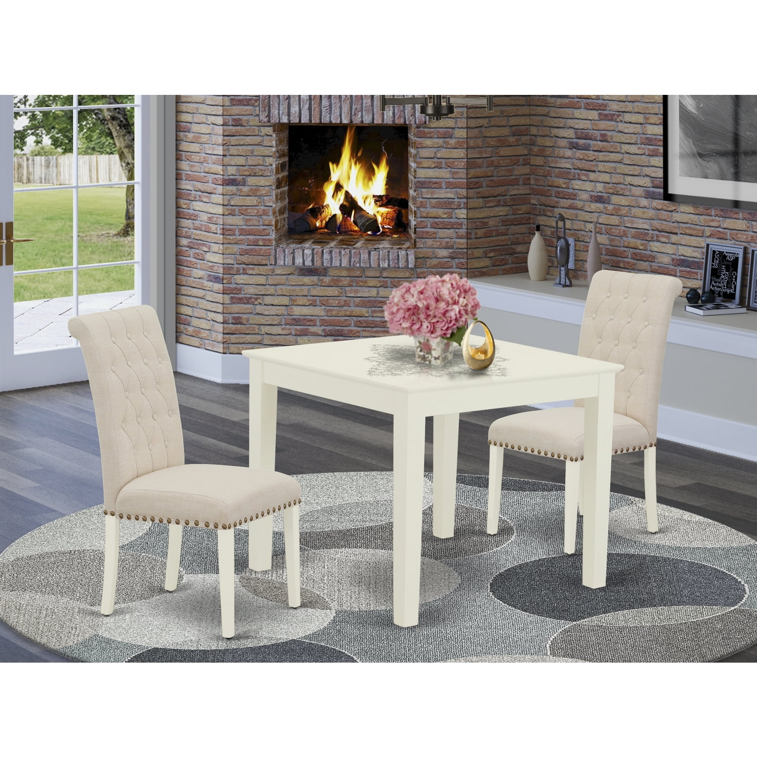 HomeStock Urban Upmarket 3Pc Dinette Set Includes A Square Kitchen Table And Two Parson Chairs With Light Beige Fabric, Linen White Finish