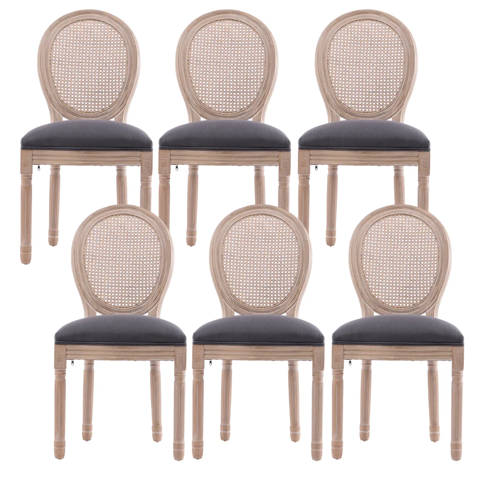 Farmhouse Dining Chairs, Antique Painting Linen Fabric Side Chair, Retro Leisure Padded Ring Chair, Armless Solid Wood Upholstered Dining Chair with Round Back, Parson Chairs(Gray,Set of 6)