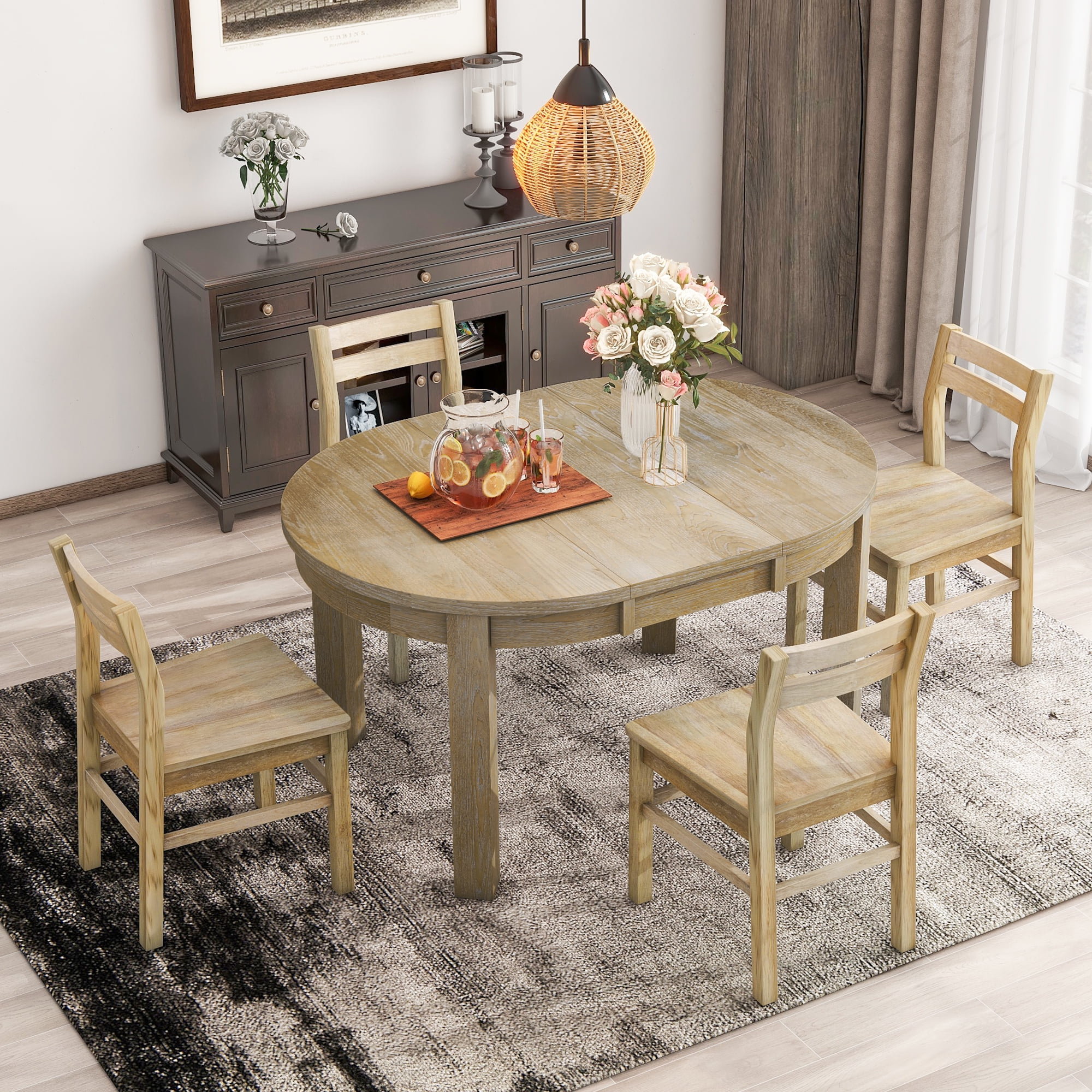 Churanty Round Extendable Dining Table Set Solid Wood Farmhouse 5 Piece Kitchen Dining Set for 4 with Leaf and Drawers,Natural