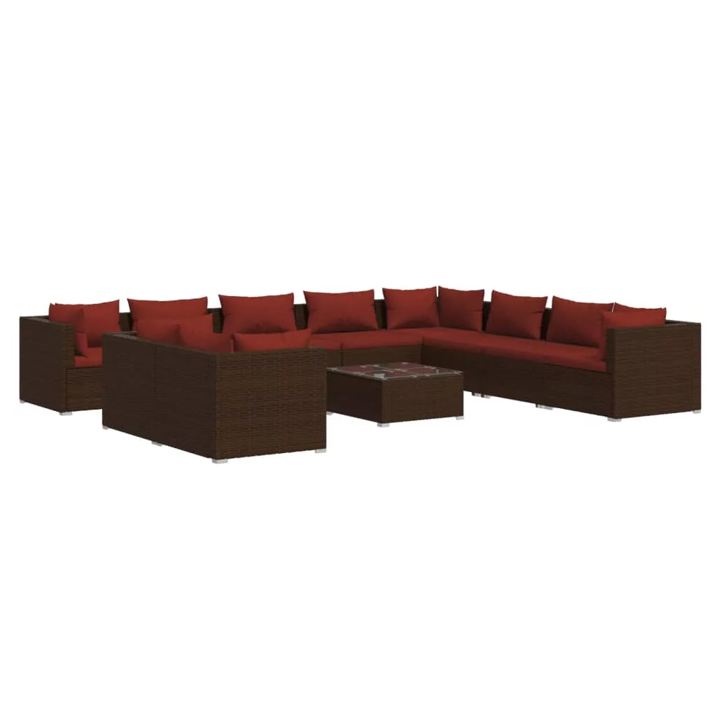 Anself 11 Piece Patio Set with Cushions Brown Poly Rattan