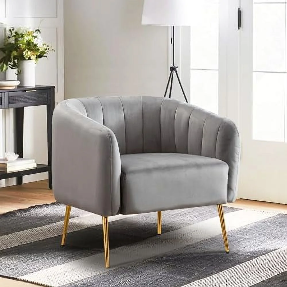 MQLIFEBOOM Velvet Accent Chair  Fabric Upholstered Accent Chairs for Living Room  Golden Metal Legs Armchairs  Grey  Set of 1
