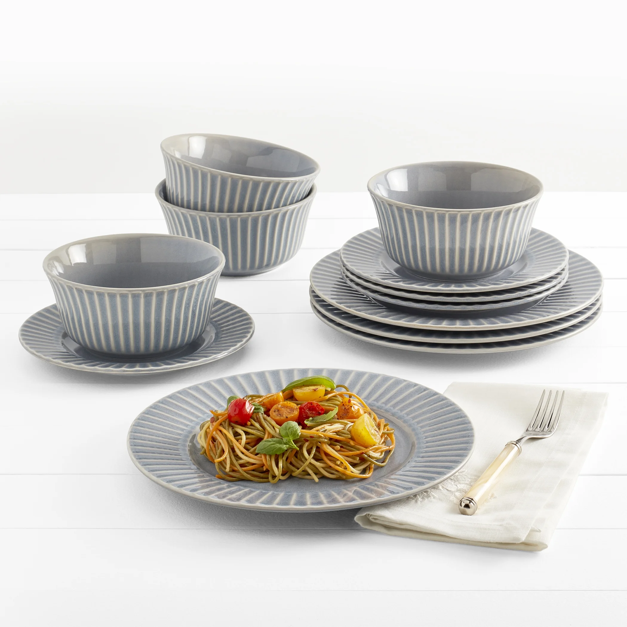 Tabletops Gallery Richmond 12-Piece Reactive Glaze Stoneware Dinnerware Set of Kitchen Dishes, Dinner Plates, Cereal Bowls, Service for 4, Gray