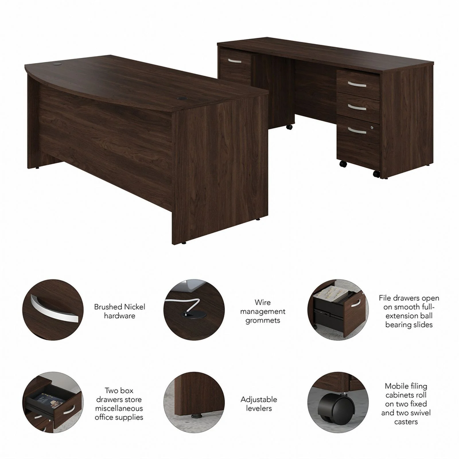 Bowery Hill 72W Desk Set with File Cabinets in Black Walnut - Engineered Wood