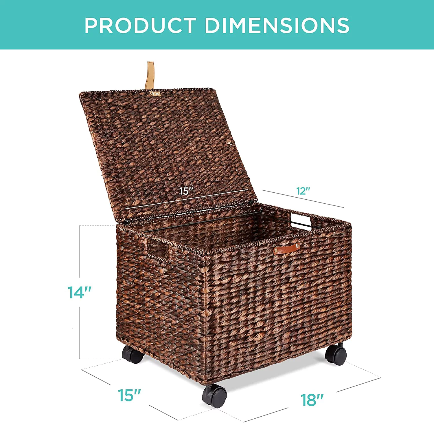 Water Hyacinth Rolling Filing Cabinet, Woven Mobile Storage Basket, Portable File Organizer for Legal & Letter Size Memos w/Lid, 4 Locking Wheels - Brown