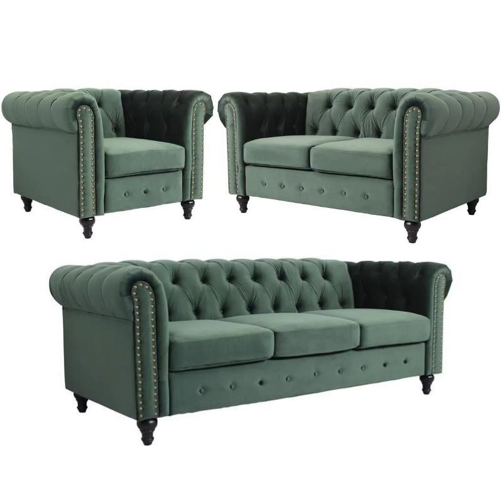 Home Square 3 Piece Set with Velvet Living Room Sofa Loveseat & Chair in Green