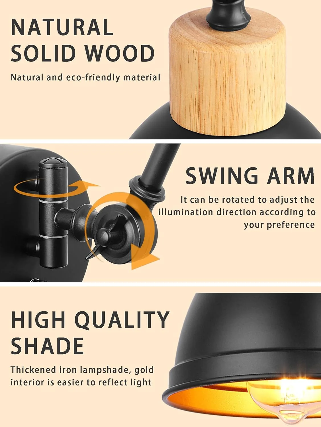 XIANMM Black Plug in Wall Sconces Set of 2, Wood Swing Arm Wall Sconces with Plug in Cord Dimmable Farmhouse Wall Light Iron Wall Mounted Lighting for Bedside Bedroom Living Room