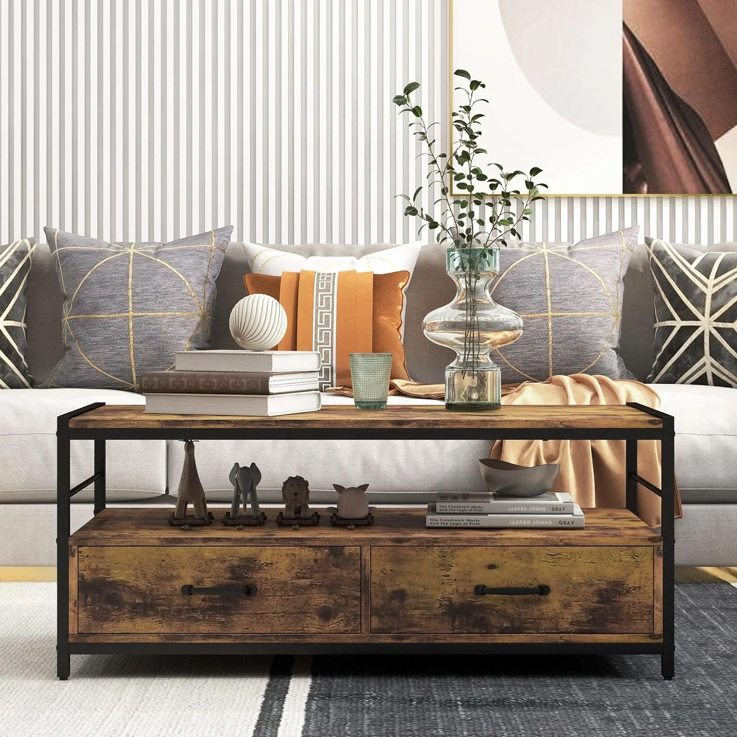 ZFGSUIJN Industrial Wood Coffee Table - Living Room Rectangular Center Table w/ 2 Drawers & Open   Accent Sofa Console Table w/Sturdy Metal Frame & Wooden Top  Rustic Brown