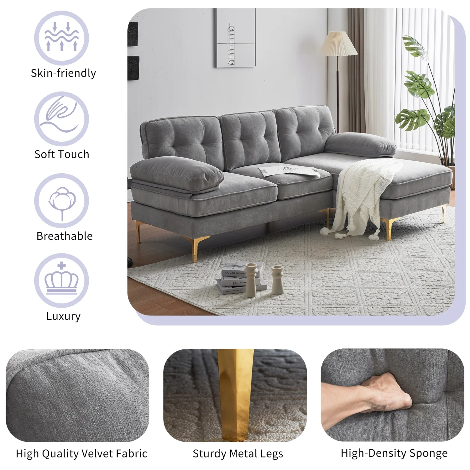 Elegant and Luxurious Modern Light Grey Velvet L-Shaped Sectional Sofas Couches - Perfect Addition to Your Living Room and Bedroom - 83 Inches in Length