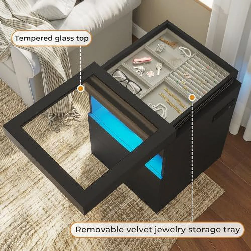 TQJKLFDY LED Nightstand with Charging Station & Sliding Top  Black Night Stand with Glass Top & Jewelry Tray  Bedside Table with Drawers & Pull-Out Tray  Modern  End Table wit