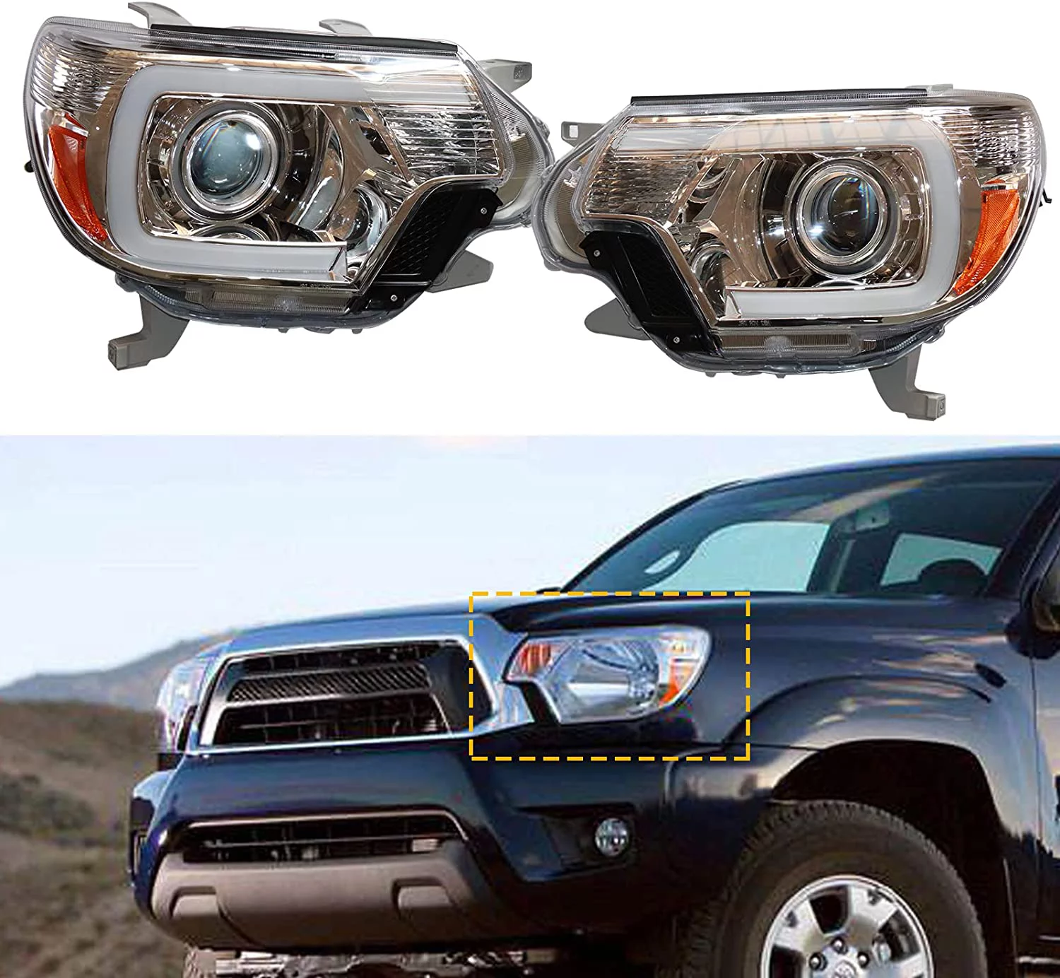 DENEST Headlight Assembly Compatible with 2012 2013 2014 2015 Tacoma Chrome Housing Clear Lens Front Left Driver and Right Passenger Side OE Style LED DRL Bar Projector