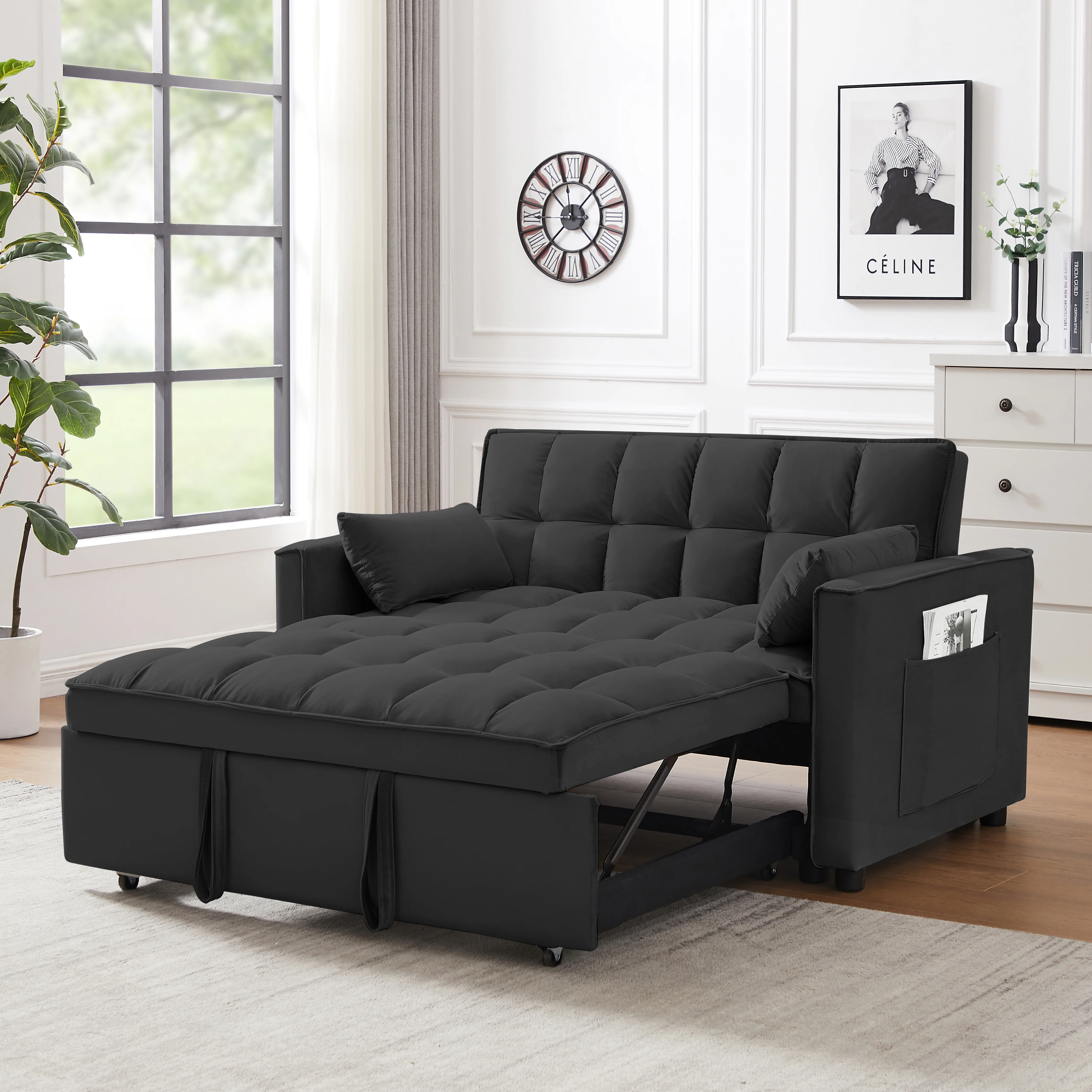 Modern Velvet Loveseat Futon Sofa Couch with Pullout Bed, 3-in-1 Convertible Sleeper Sofa, Reclining Backrest, Toss Pillows, and Storage Pockets, Black