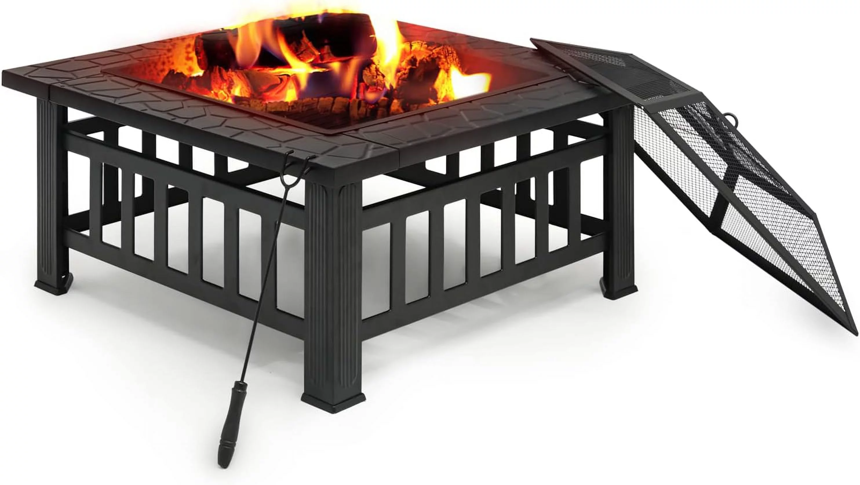 Outdoor  Table Wood Burning Fireplace Backyard Patio Desk With Grill Screen Cover For Outside Beach Camping Picnic, Black
