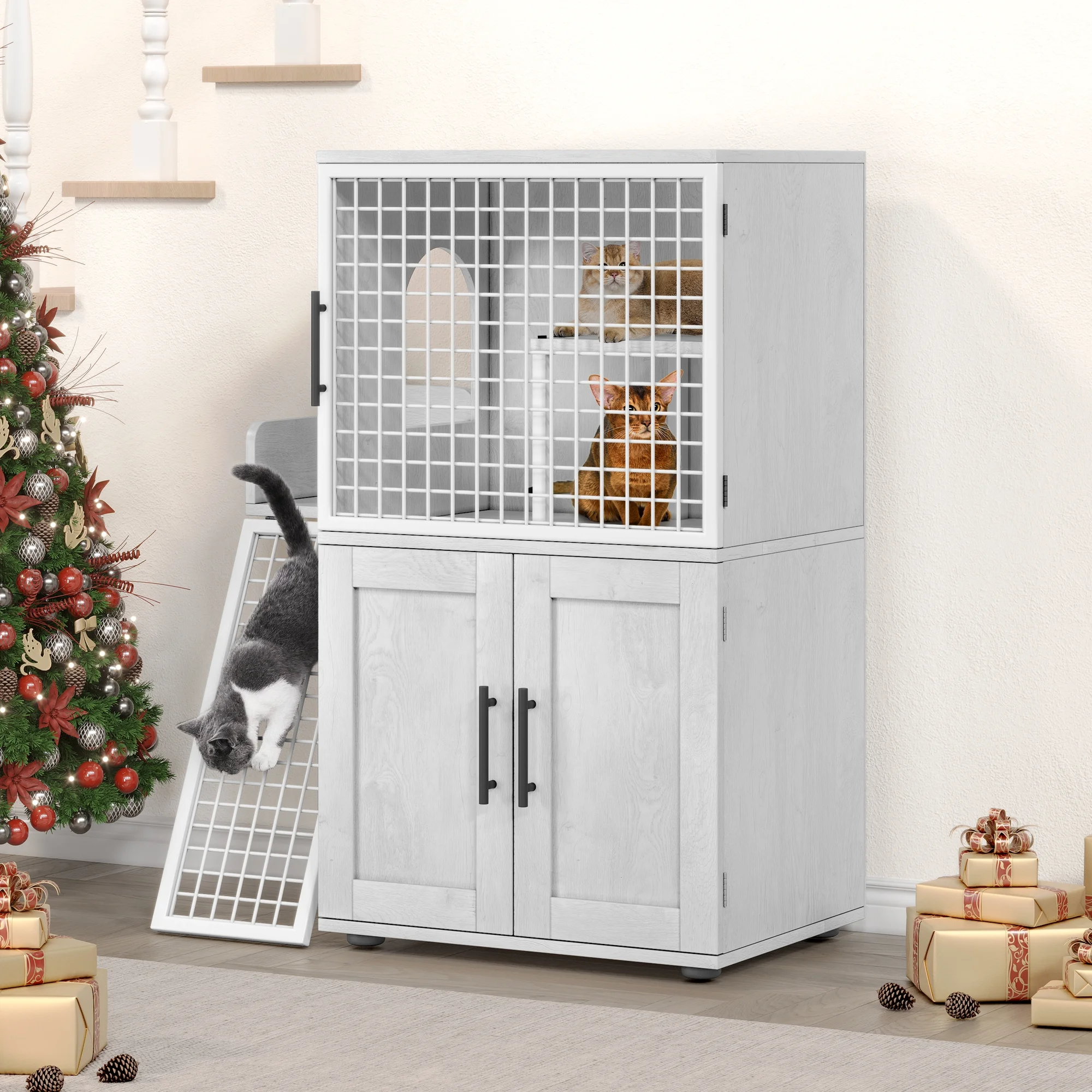 Towallmark 2 In 1 Hidden Litter Box Enclosure Furniture, 2 Storage Racks And 2 Drawers, Litter Box With Platform, Ladder, Indoor Cat Washroom, Rustic White