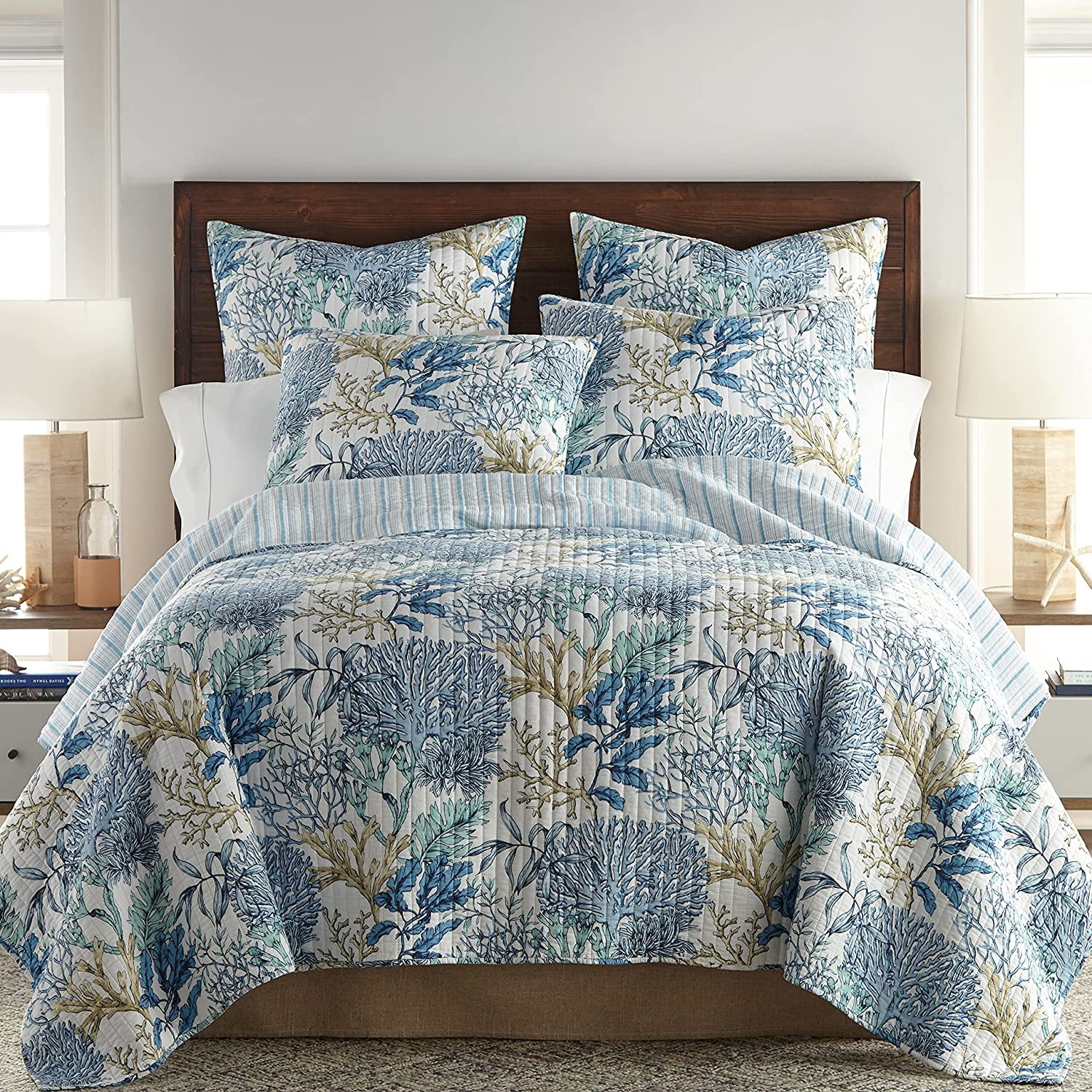 Mahina Quilt Set  King/Cal King Quilt + Two King Pillow Shams  Coastal  Taupe, Blue And White  Quilt Size (106X92in.) And Pillow Sham Size (36X20in.)  Reversible  Cotton