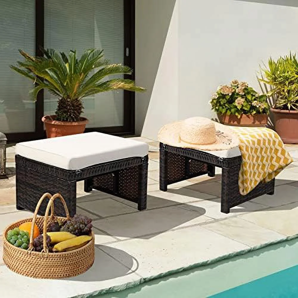 TQNJYGX 2 Piece Outdoor Wicker Ottomans  Patio Rattan Footstool with Cushions  Solid Steel Frame  Multifunctional Ottomans for Poolside Backyard Balcony