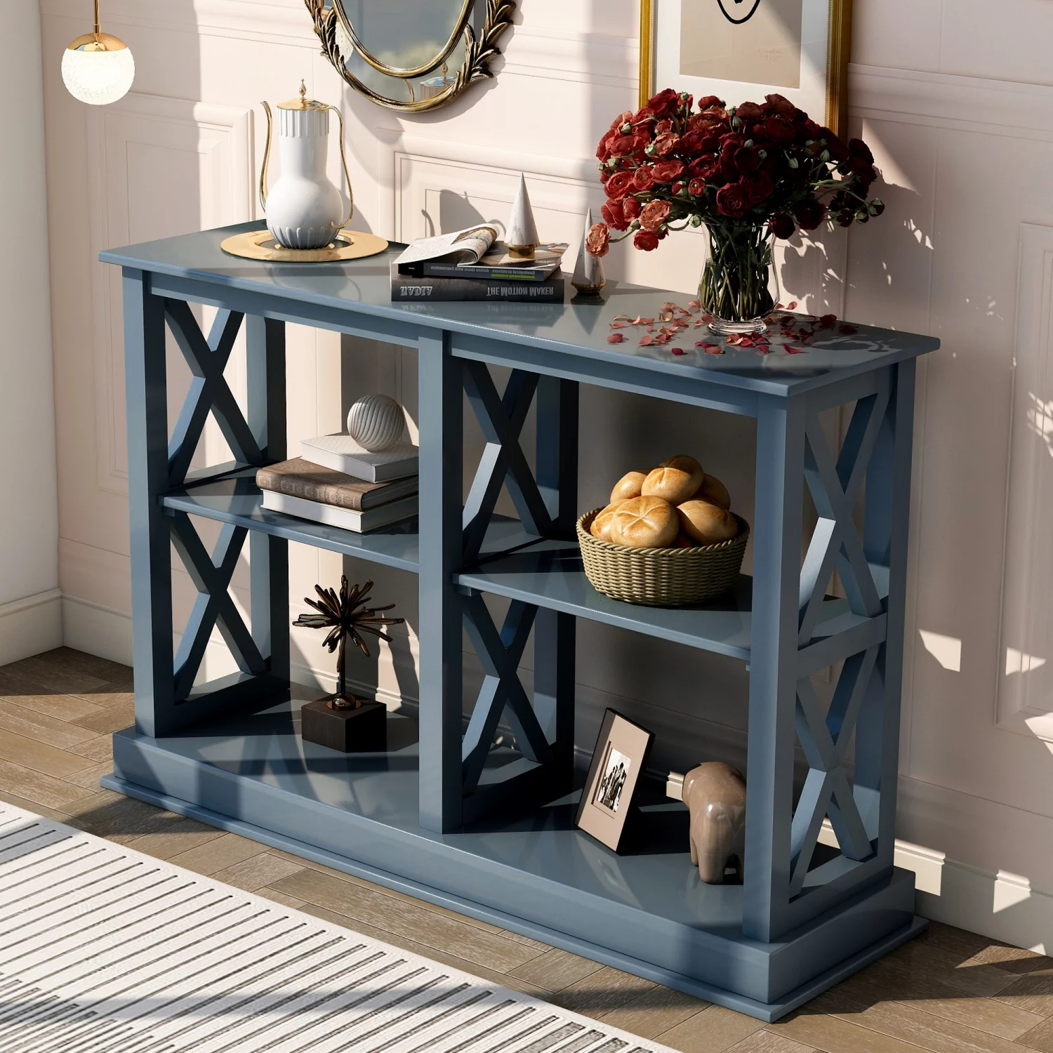 Stylish TREXM Navy Blue Console Table with Modern ”X” Legs and 3-Tier Open Storage  Ideal Narrow Sofa Entry Table for Elegant Living Room  Chic Entryway and Hallway Décor